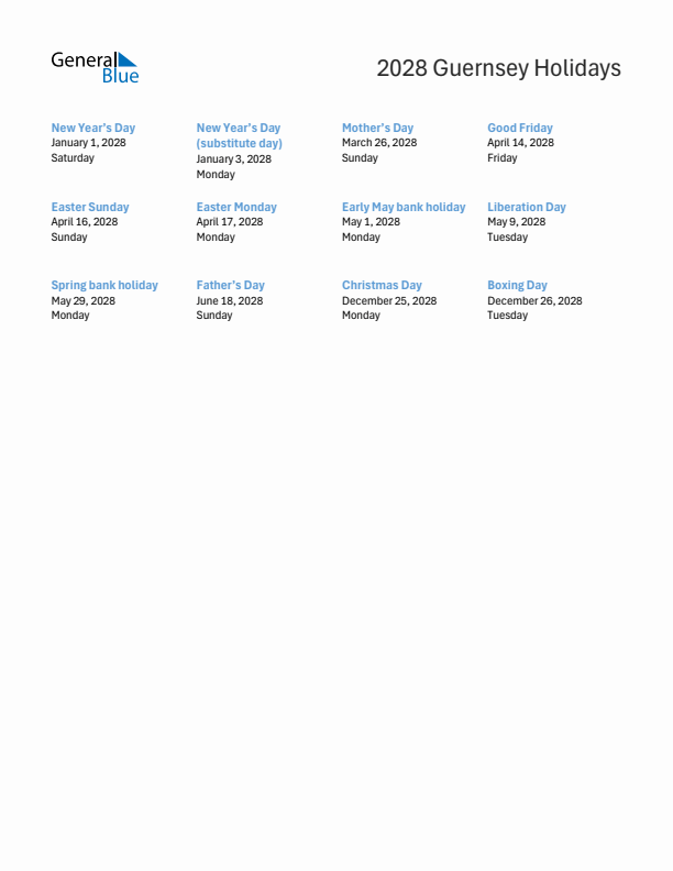 Free printable list of Guernsey holidays for year 2028