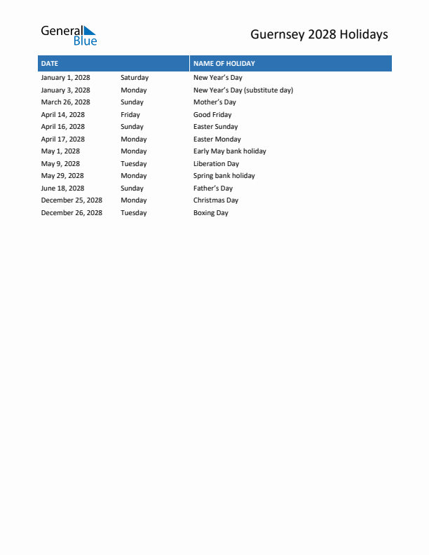 Free printable list of Guernsey holidays for year 2028