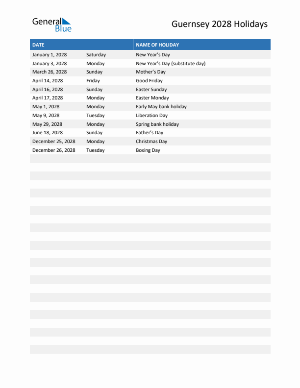 Free printable list of Guernsey holidays for year 2028