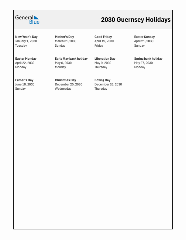 Free printable list of Guernsey holidays for year 2030