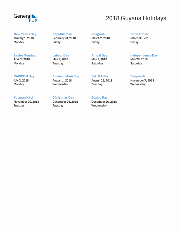 Free printable list of Guyana holidays for year 2018