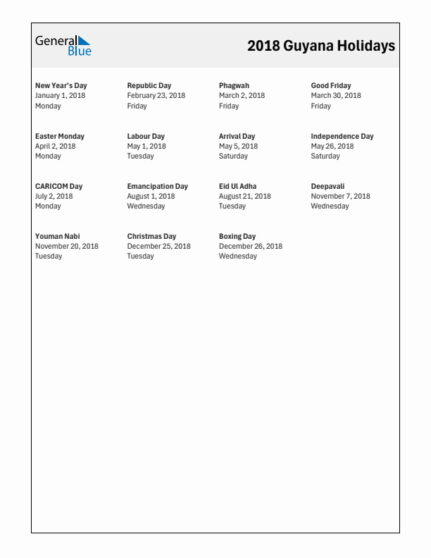 Free printable list of Guyana holidays for year 2018