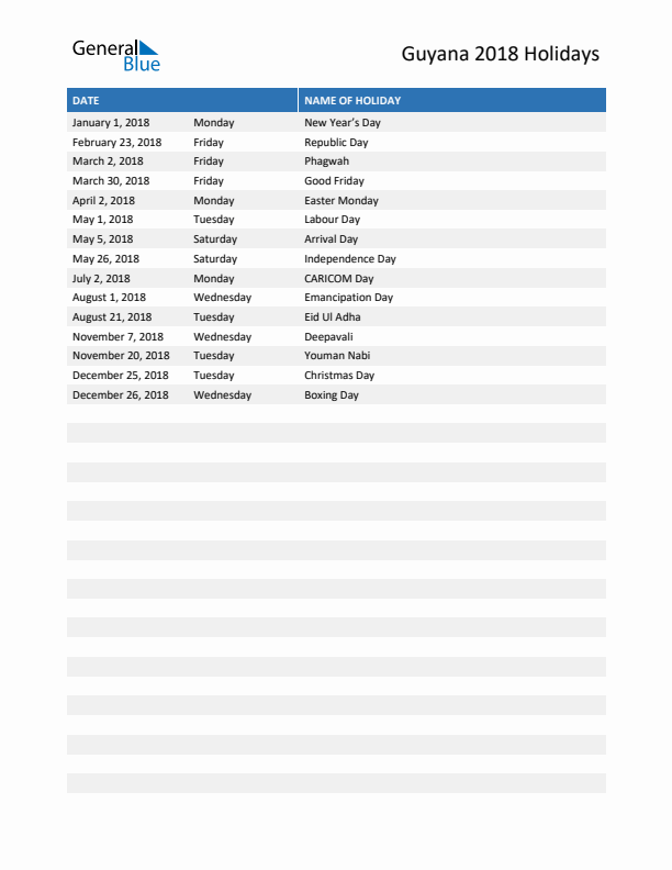 Free printable list of Guyana holidays for year 2018