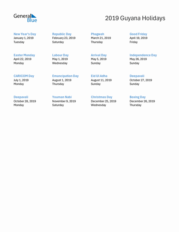 Free printable list of Guyana holidays for year 2019