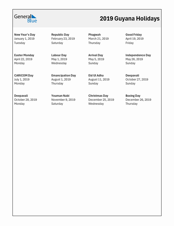 Free printable list of Guyana holidays for year 2019