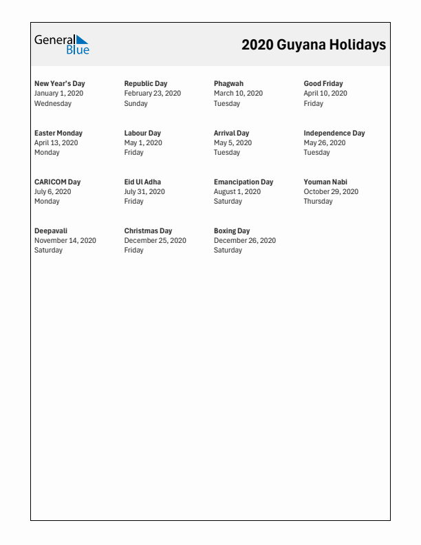 Free printable list of Guyana holidays for year 2020