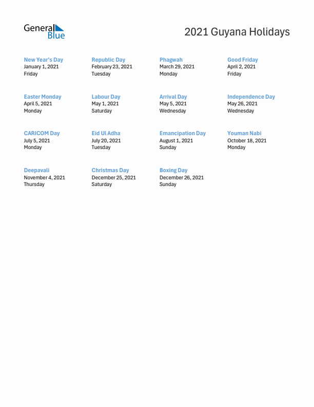 Free printable list of Guyana holidays for year 2021