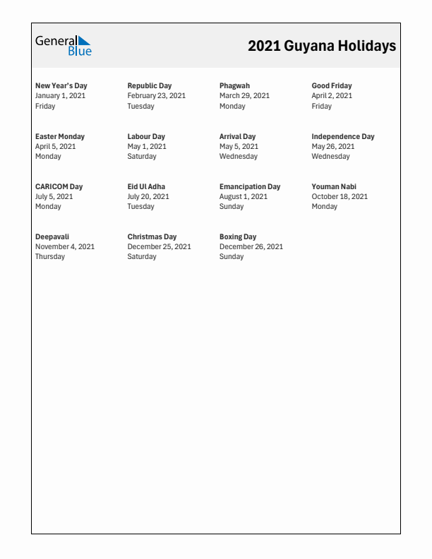 Free printable list of Guyana holidays for year 2021