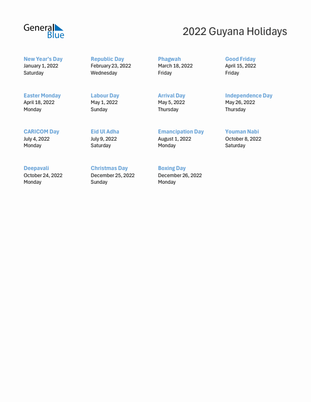 Free printable list of Guyana holidays for year 2022