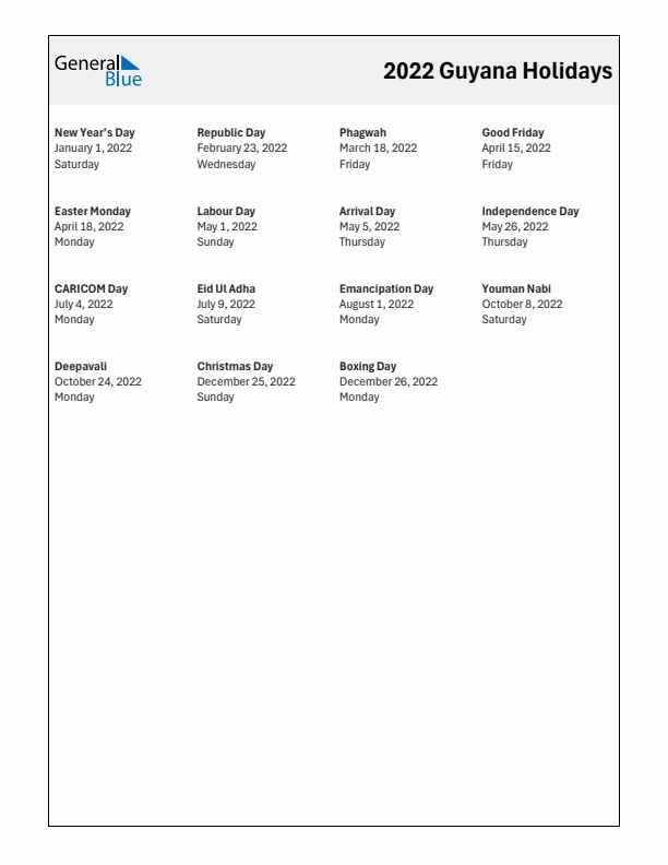 Free printable list of Guyana holidays for year 2022