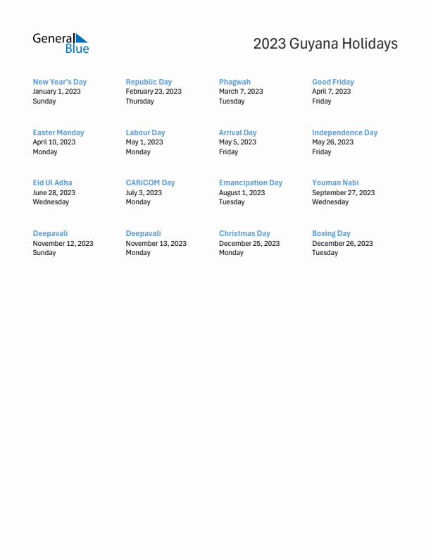 Free printable list of Guyana holidays for year 2023