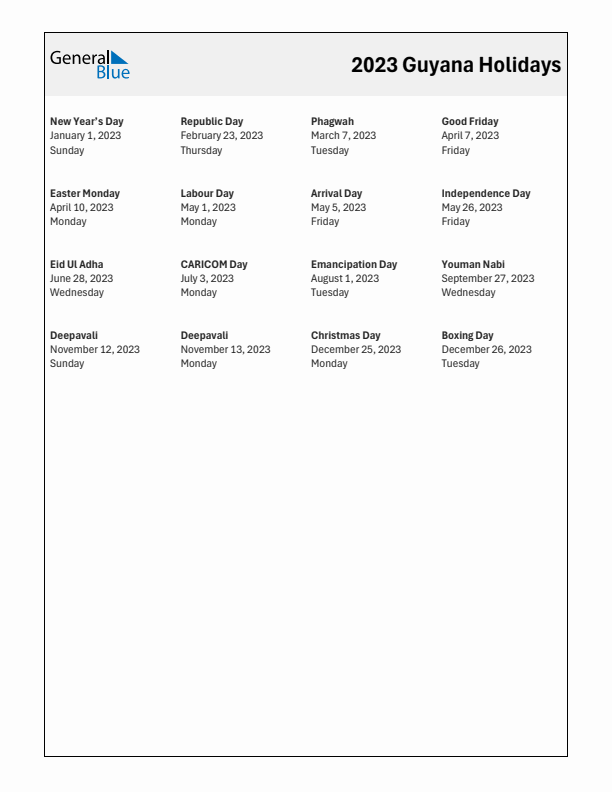 Free printable list of Guyana holidays for year 2023