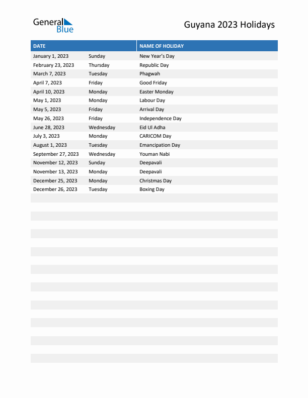 Free printable list of Guyana holidays for year 2023