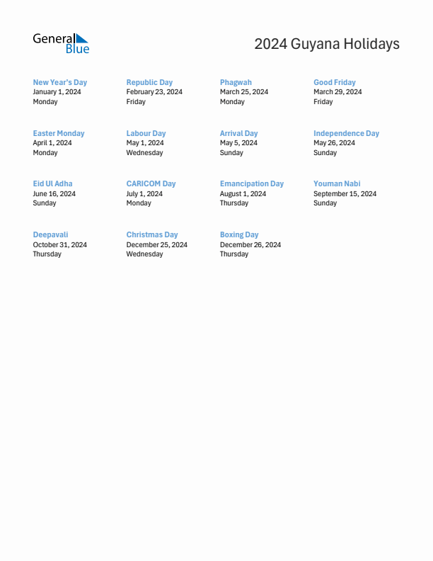 Free printable list of Guyana holidays for year 2024