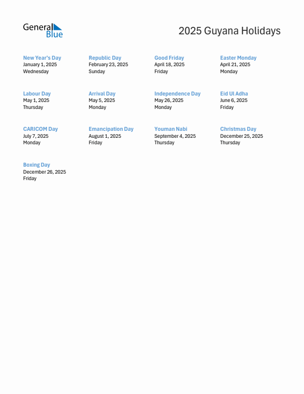 Free printable list of Guyana holidays for year 2025