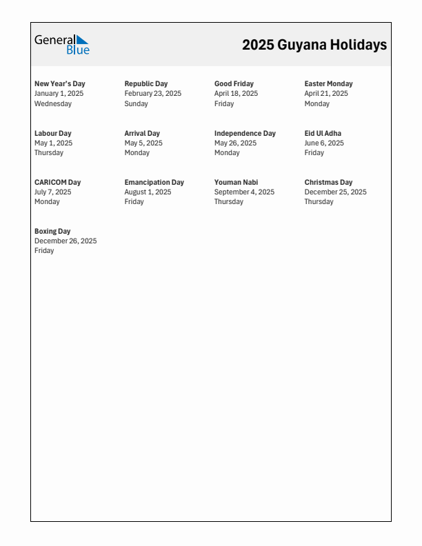 Free printable list of Guyana holidays for year 2025