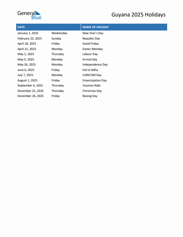 Free printable list of Guyana holidays for year 2025