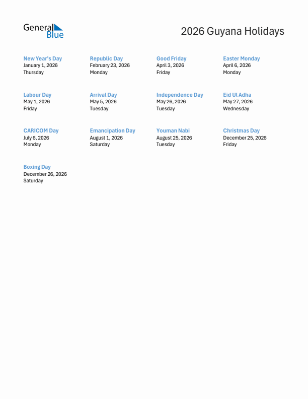 Free printable list of Guyana holidays for year 2026