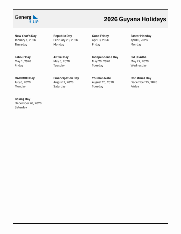 Free printable list of Guyana holidays for year 2026