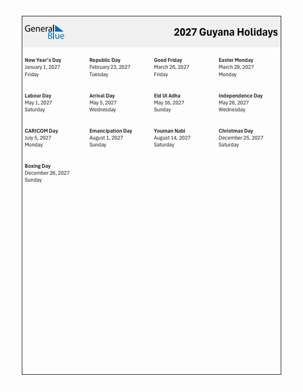 Free printable list of Guyana holidays for year 2027