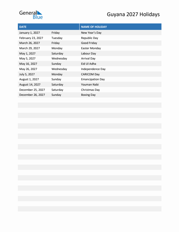 Free printable list of Guyana holidays for year 2027