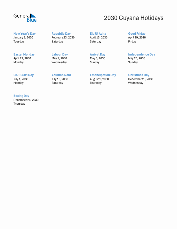 Free printable list of Guyana holidays for year 2030