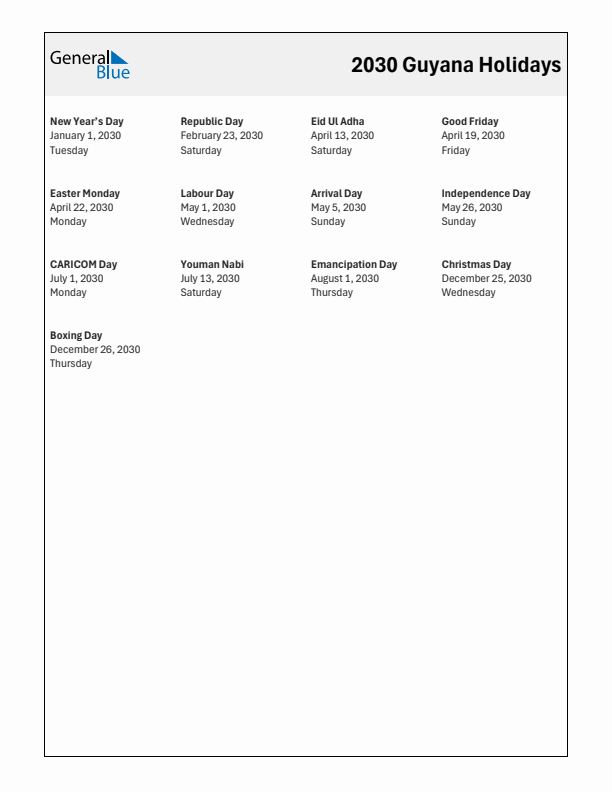 Free printable list of Guyana holidays for year 2030