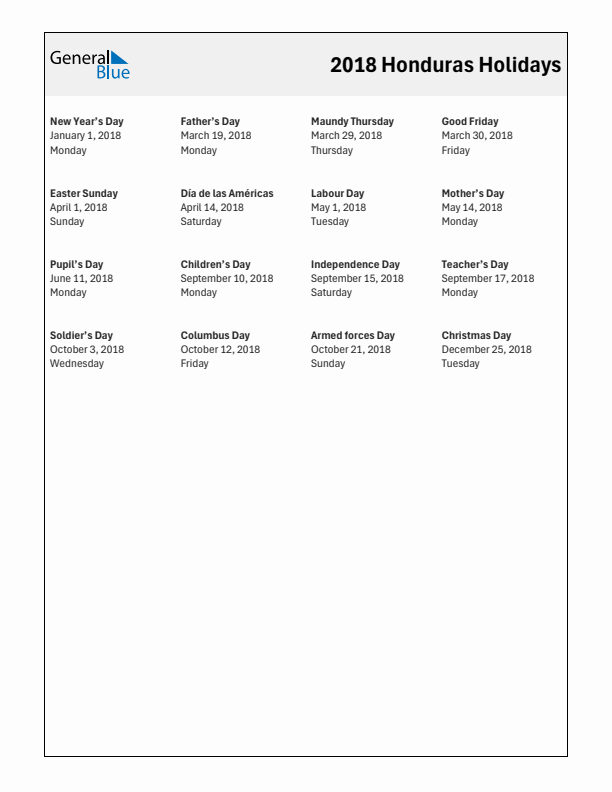 Free printable list of Honduras holidays for year 2018