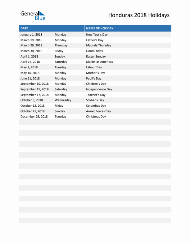 Free printable list of Honduras holidays for year 2018