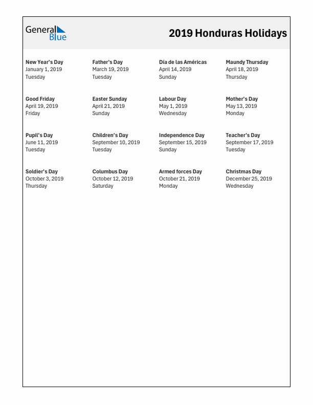 Free printable list of Honduras holidays for year 2019