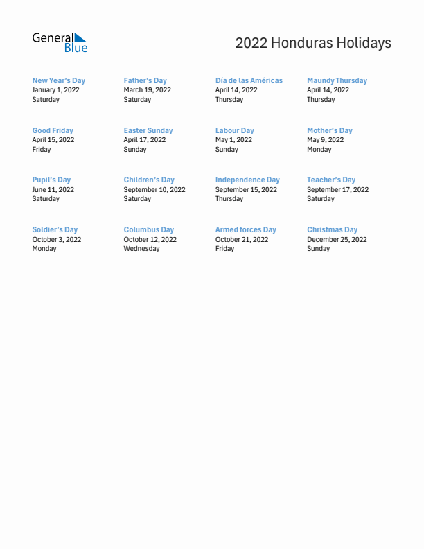 Free printable list of Honduras holidays for year 2022