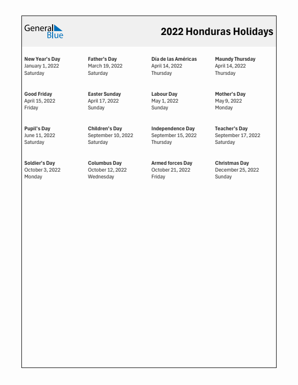 Free printable list of Honduras holidays for year 2022