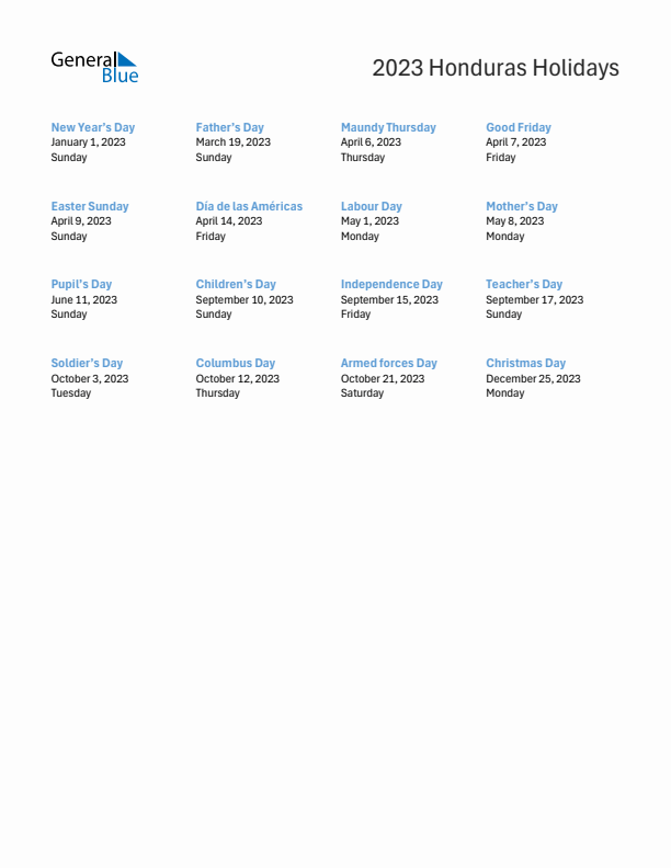 Free printable list of Honduras holidays for year 2023