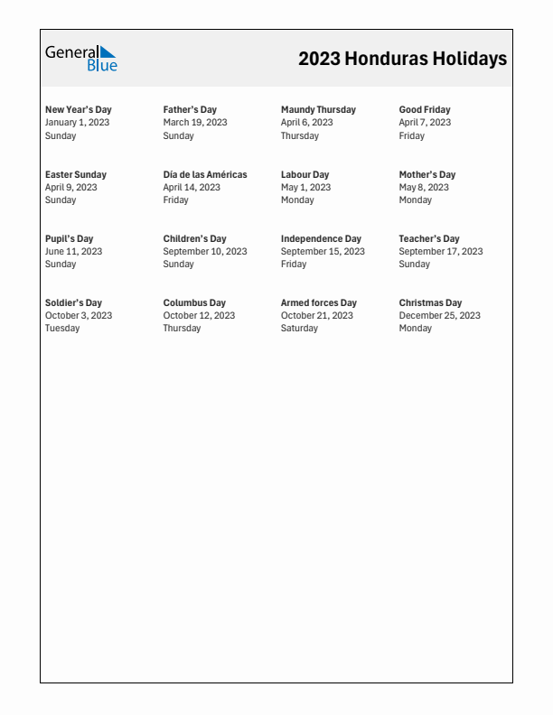 Free printable list of Honduras holidays for year 2023