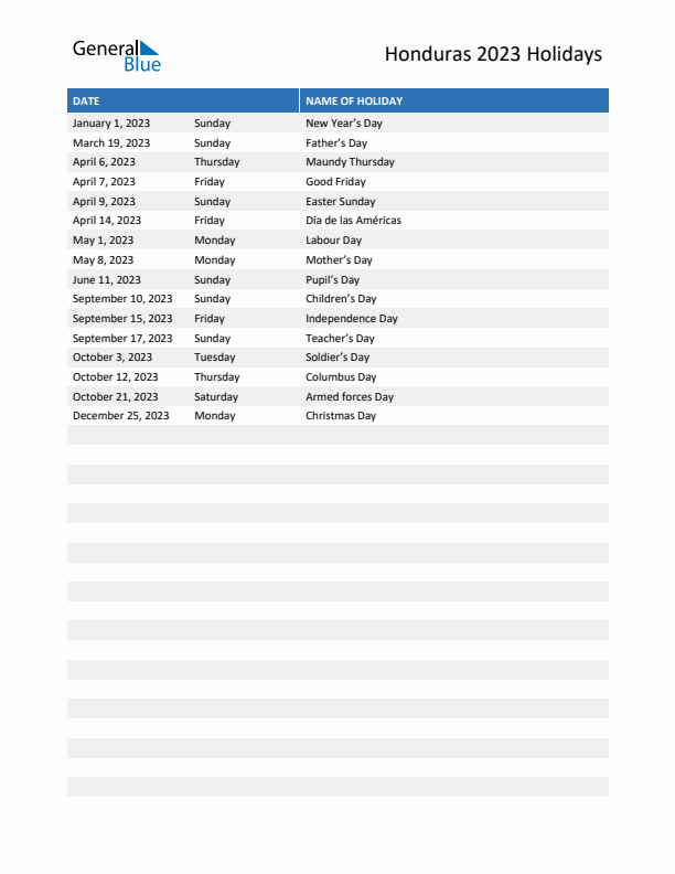 Free printable list of Honduras holidays for year 2023