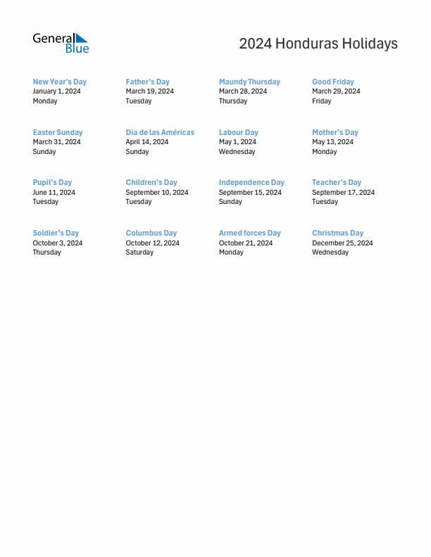 Free printable list of Honduras holidays for year 2024