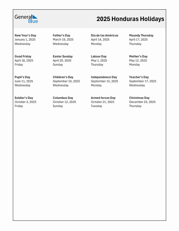 Free printable list of Honduras holidays for year 2025