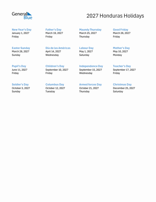 Free printable list of Honduras holidays for year 2027