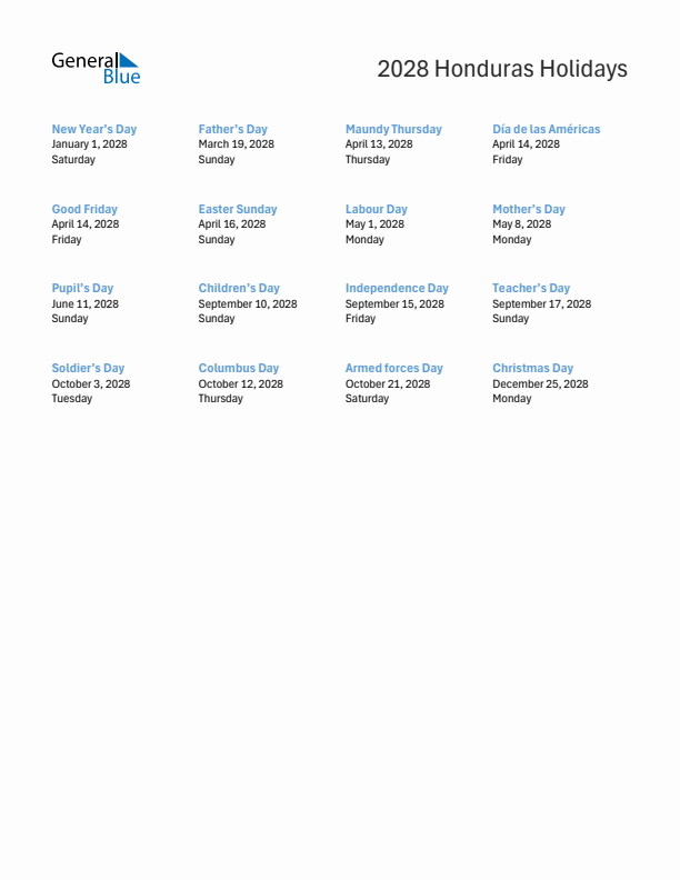 Free printable list of Honduras holidays for year 2028