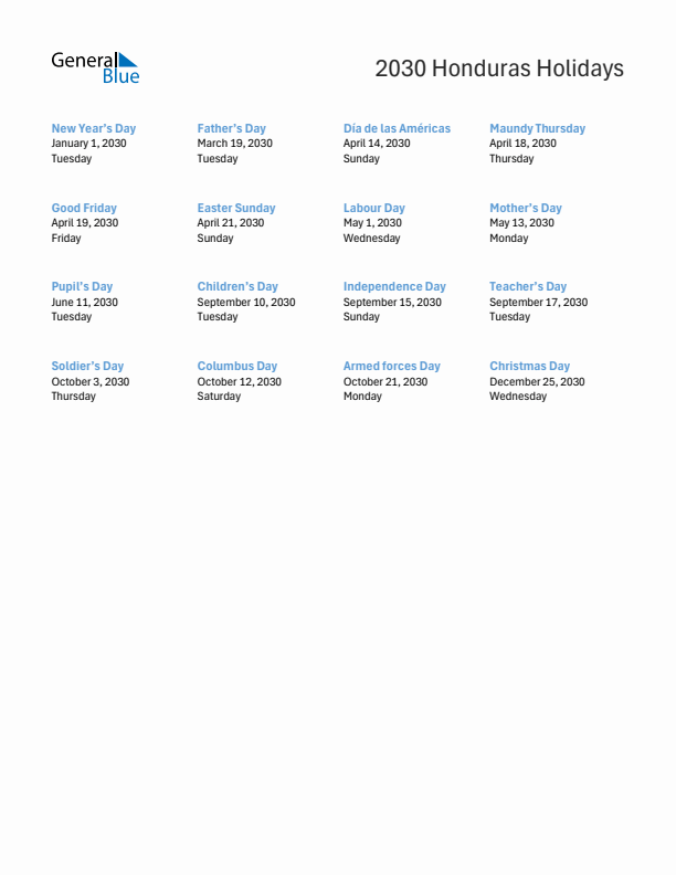 Free printable list of Honduras holidays for year 2030