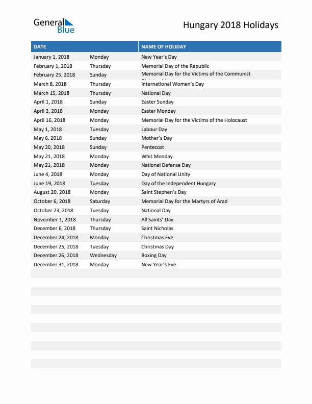 Free printable list of Hungary holidays for year 2018