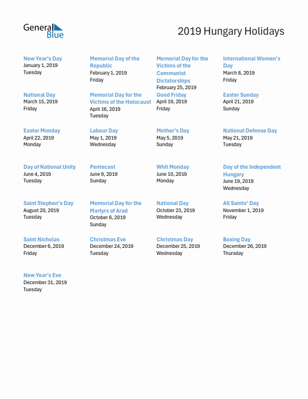 Free printable list of Hungary holidays for year 2019