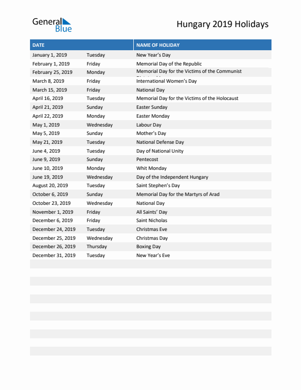 Free printable list of Hungary holidays for year 2019