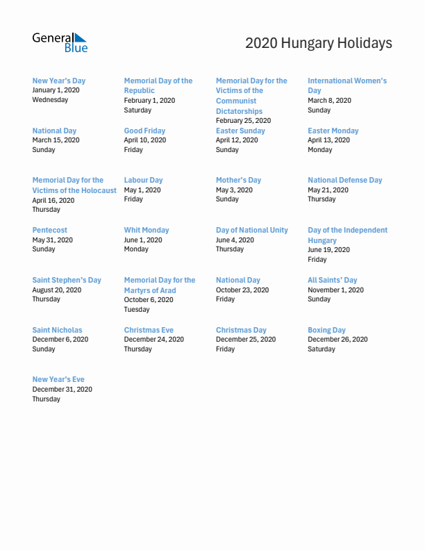 Free printable list of Hungary holidays for year 2020