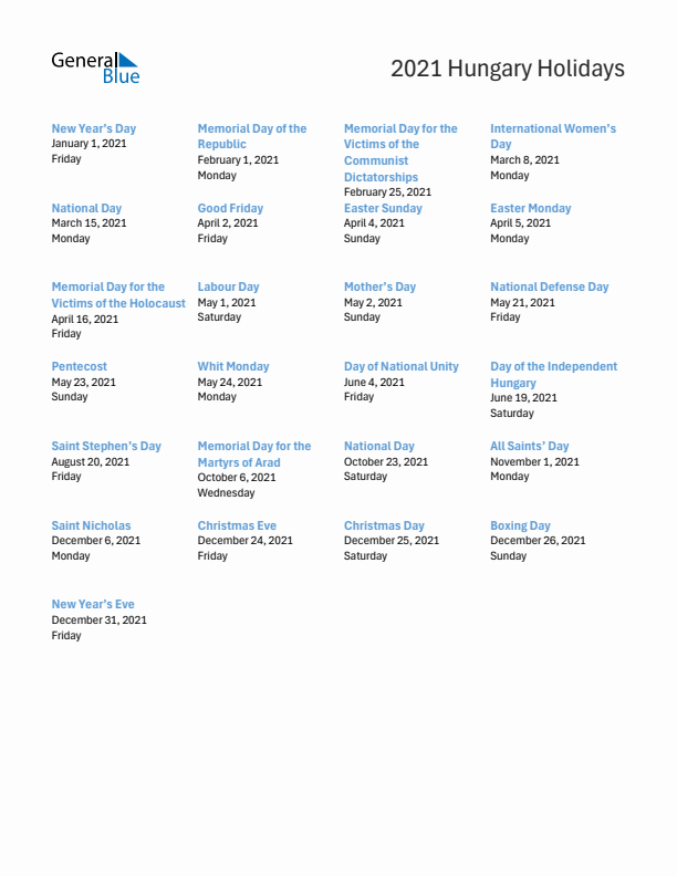 Free printable list of Hungary holidays for year 2021