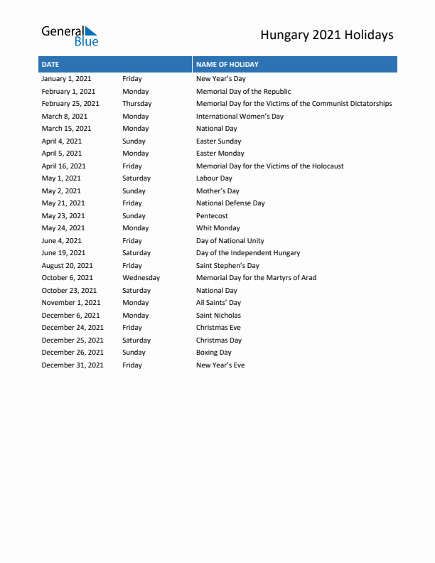 Free printable list of Hungary holidays for year 2021