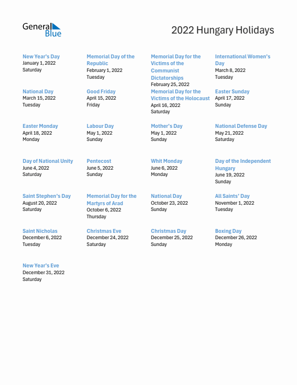 Free printable list of Hungary holidays for year 2022