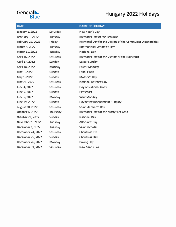 Free printable list of Hungary holidays for year 2022