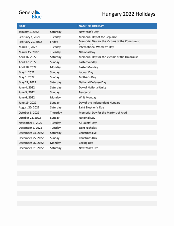 Free printable list of Hungary holidays for year 2022