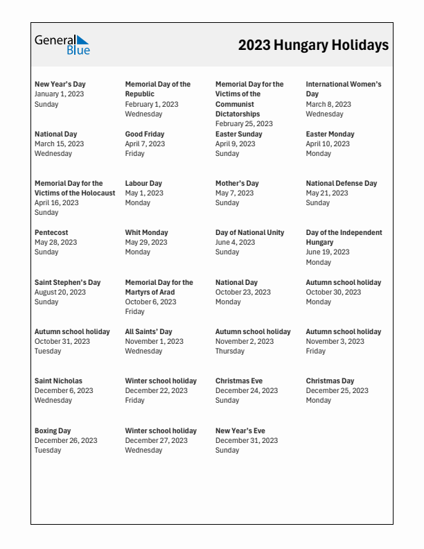 Free printable list of Hungary holidays for year 2023